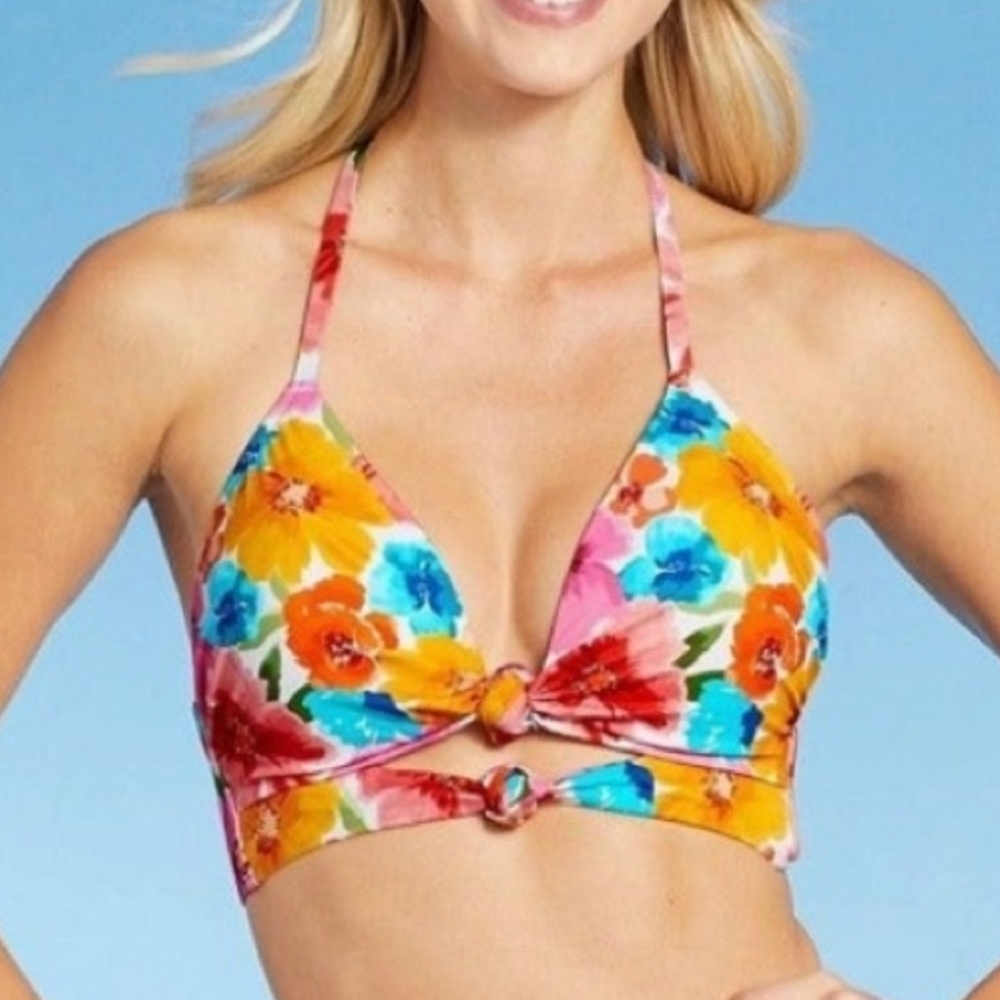 Shade & Shore Tropical Floral Double Knot Bikini Top NWT Size 36B